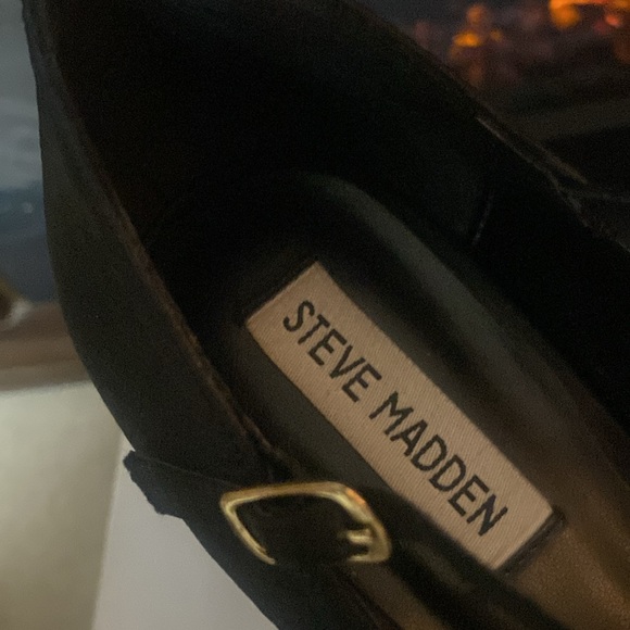 🎁Steve Madden Adjustable Ankle Strap Masster Black Silky Fabric Open Toe Wedge - Picture 7 of 10